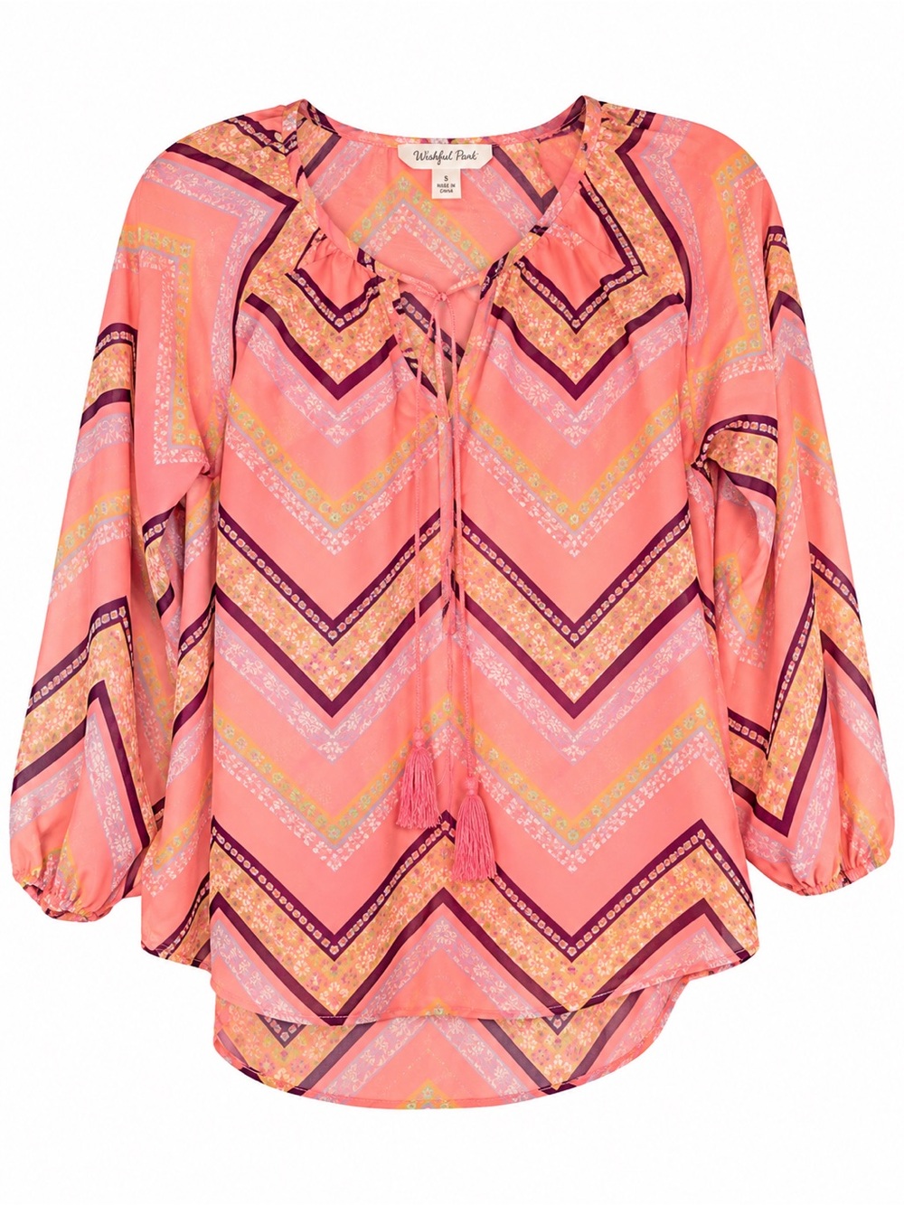 Wishful Park Sheer Chevron Geometric Boho Blouse Tie Neck Top Small